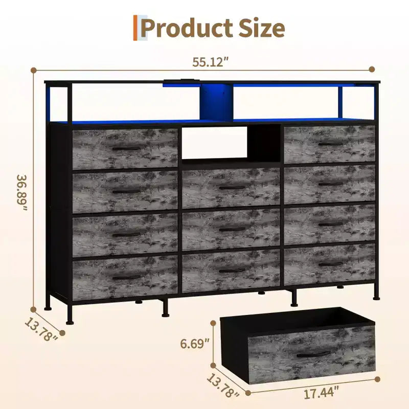 11-Drawer Fabric Dresser with Lights & Charging Station, Wood Top Chest of Drawers with Open Shelves, Storage Organizer for Bedroom