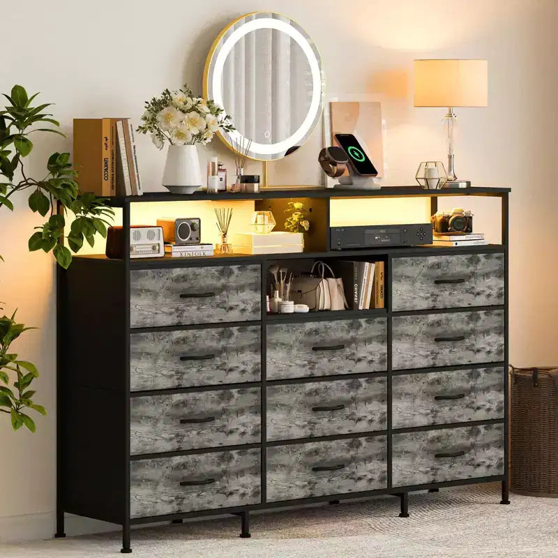 11-Drawer Fabric Dresser with Lights & Charging Station, Wood Top Chest of Drawers with Open Shelves, Storage Organizer for Bedroom