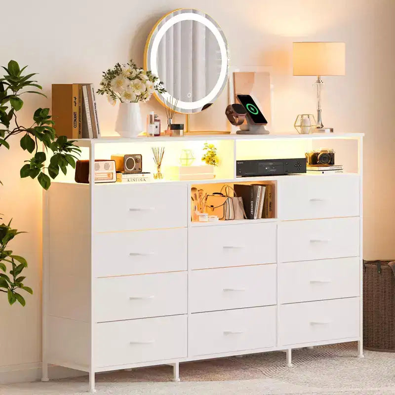 11-Drawer Fabric Dresser with Lights & Charging Station, Wood Top Chest of Drawers with Open Shelves, Storage Organizer for Bedroom