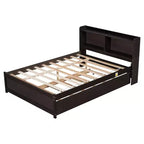 VECELO Twin Platform Bed with Trundle & Storage Headboard, Wood Slat Support Bed Frame for Small Spaces