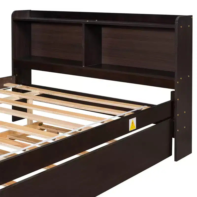 VECELO Twin Platform Bed with Trundle & Storage Headboard, Wood Slat Support Bed Frame for Small Spaces