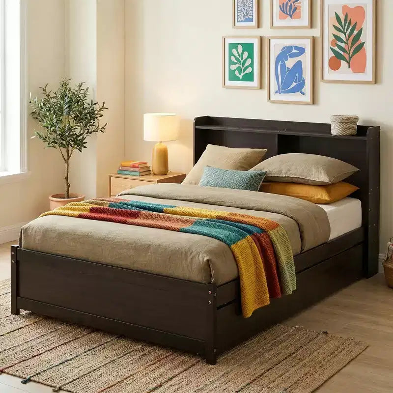 VECELO Twin Platform Bed with Trundle & Storage Headboard, Wood Slat Support Bed Frame for Small Spaces