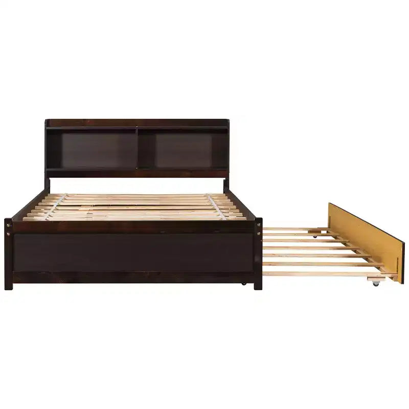 VECELO Twin Platform Bed with Trundle & Storage Headboard, Wood Slat Support Bed Frame for Small Spaces
