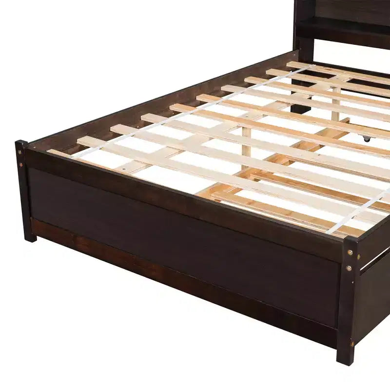 VECELO Twin Platform Bed with Trundle & Storage Headboard, Wood Slat Support Bed Frame for Small Spaces
