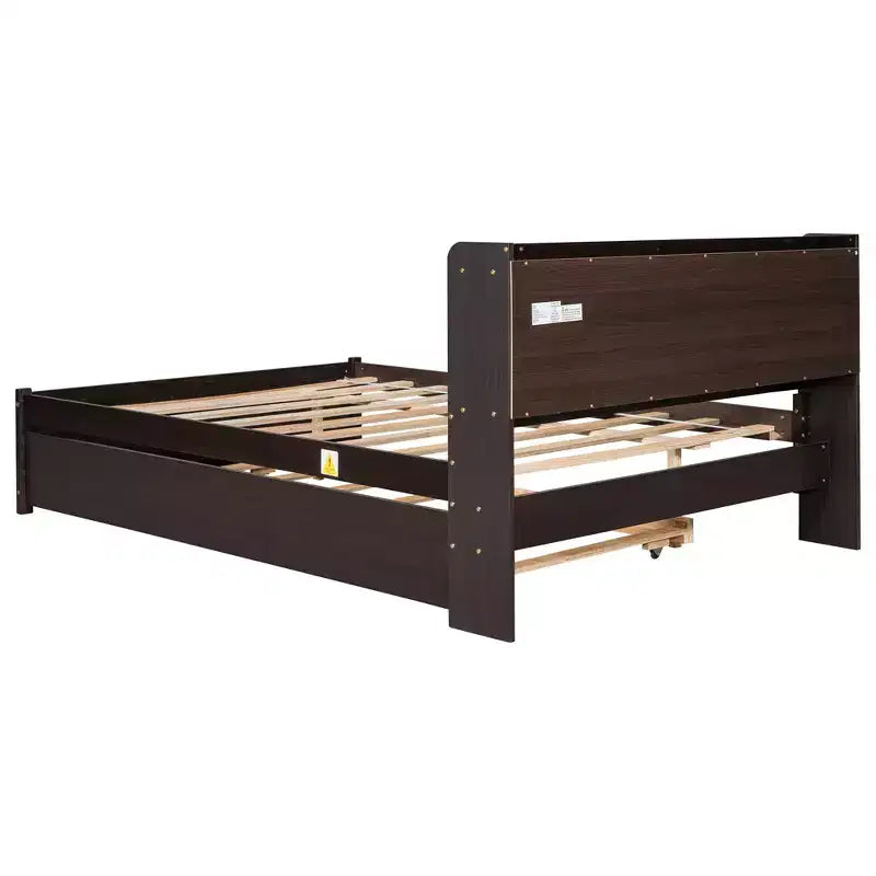 VECELO Twin Platform Bed with Trundle & Storage Headboard, Wood Slat Support Bed Frame for Small Spaces