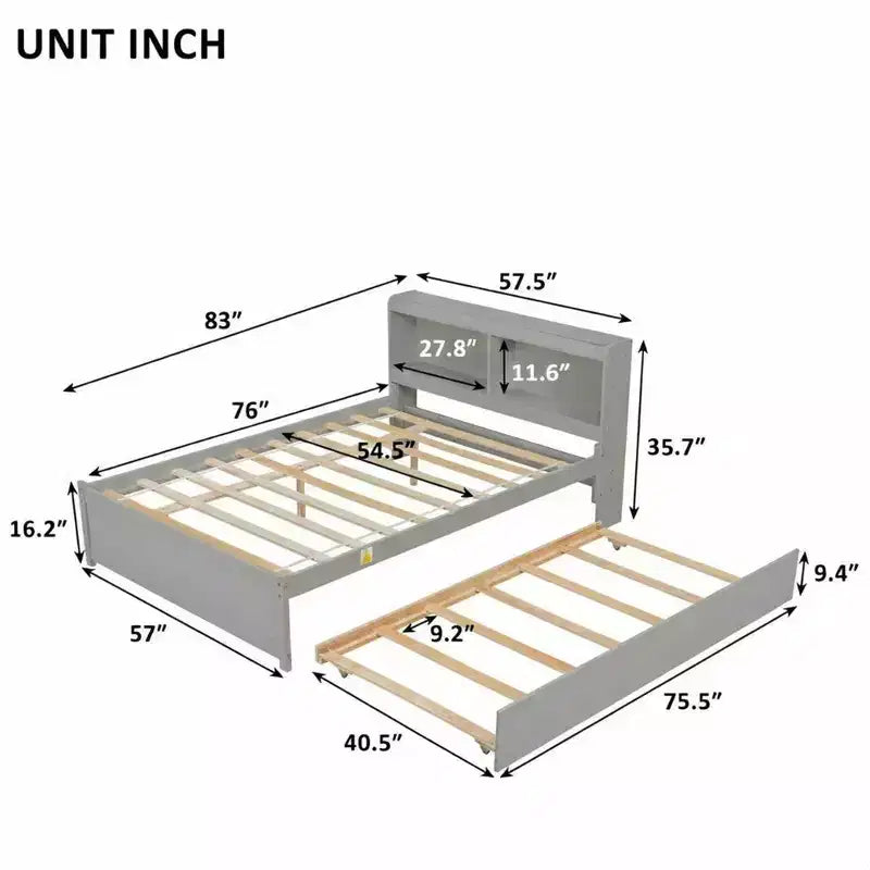 VECELO Twin Platform Bed with Trundle & Storage Headboard, Wood Slat Support Bed Frame for Small Spaces