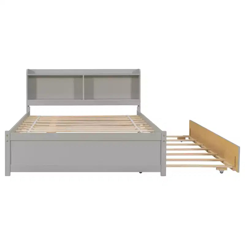 VECELO Twin Platform Bed with Trundle & Storage Headboard, Wood Slat Support Bed Frame for Small Spaces