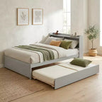 VECELO Twin Platform Bed with Trundle & Storage Headboard, Wood Slat Support Bed Frame for Small Spaces
