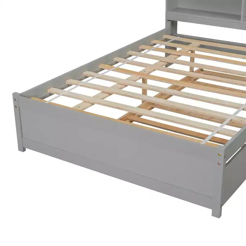 VECELO Twin Platform Bed with Trundle & Storage Headboard, Wood Slat Support Bed Frame for Small Spaces