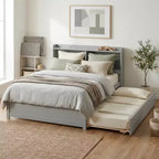 VECELO Twin Platform Bed with Trundle & Storage Headboard, Wood Slat Support Bed Frame for Small Spaces