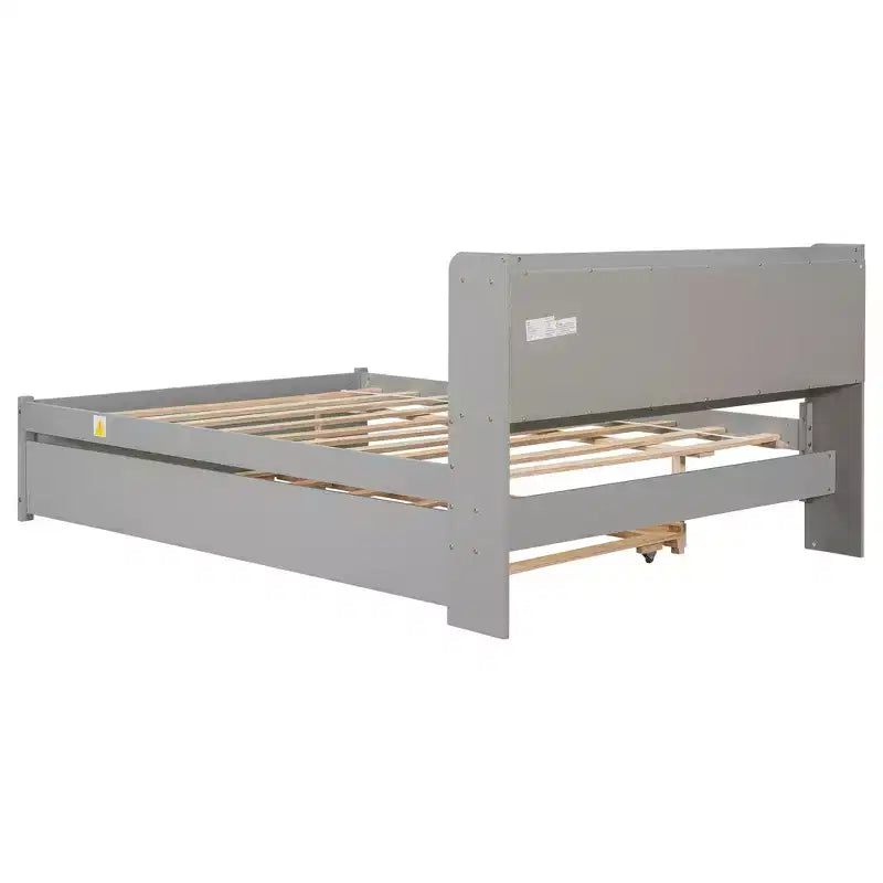 VECELO Twin Platform Bed with Trundle & Storage Headboard, Wood Slat Support Bed Frame for Small Spaces