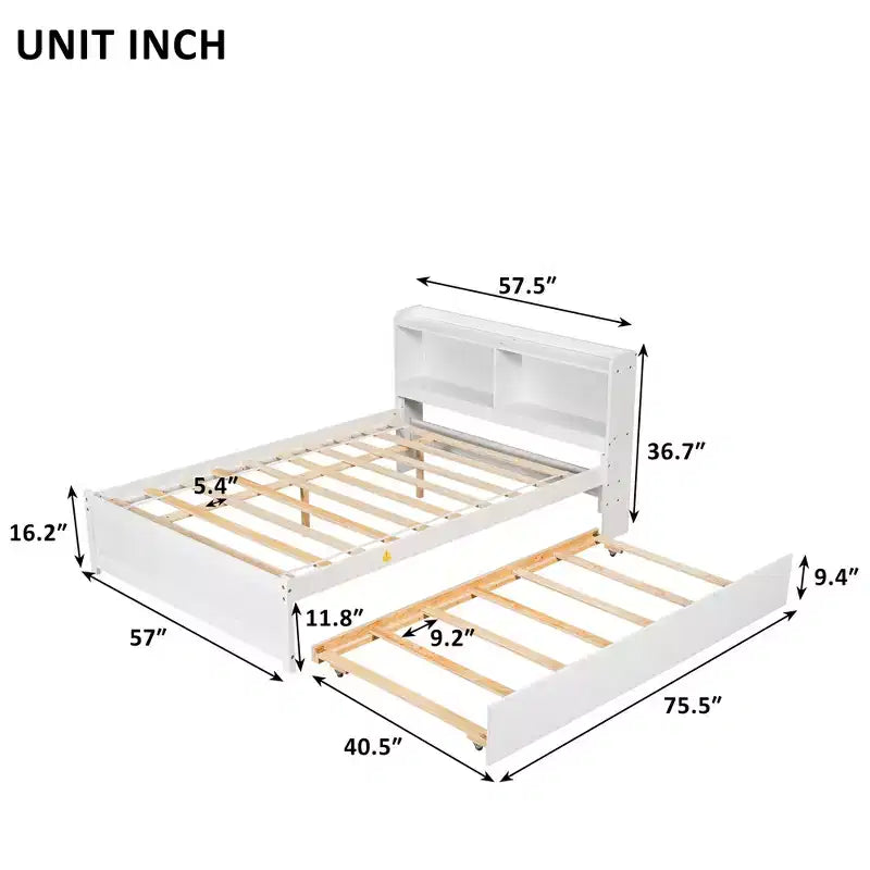 VECELO Twin Platform Bed with Trundle & Storage Headboard, Wood Slat Support Bed Frame for Small Spaces