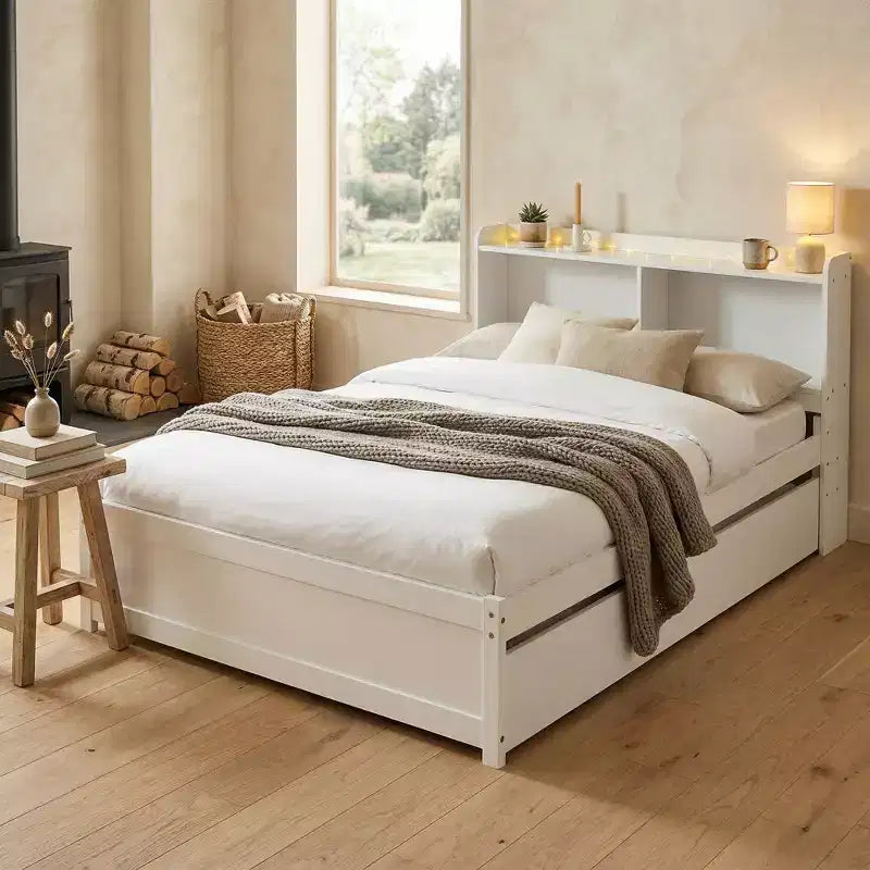 VECELO Twin Platform Bed with Trundle & Storage Headboard, Wood Slat Support Bed Frame for Small Spaces