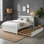 VECELO Twin Platform Bed with Trundle & Storage Headboard, Wood Slat Support Bed Frame for Small Spaces