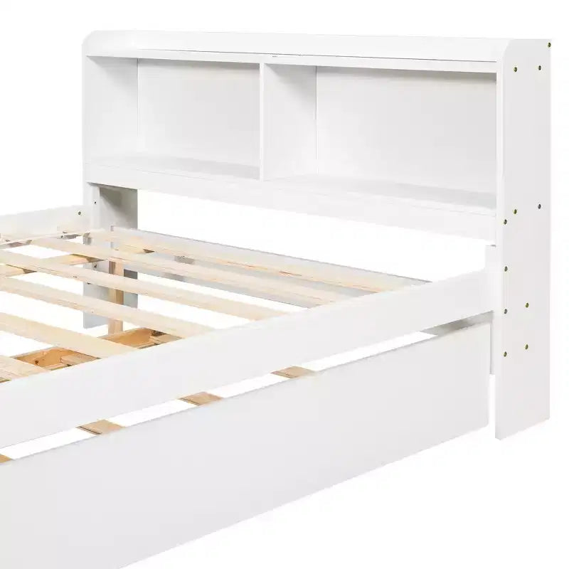 VECELO Twin Platform Bed with Trundle & Storage Headboard, Wood Slat Support Bed Frame for Small Spaces
