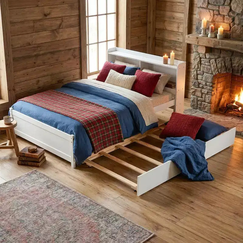 VECELO Twin Platform Bed with Trundle & Storage Headboard, Wood Slat Support Bed Frame for Small Spaces