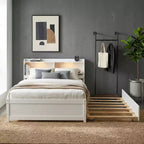 VECELO Twin Platform Bed with Trundle & Storage Headboard, Wood Slat Support Bed Frame for Small Spaces