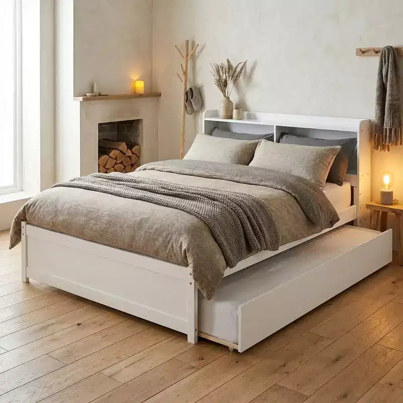 VECELO Twin Platform Bed with Trundle & Storage Headboard, Wood Slat Support Bed Frame for Small Spaces
