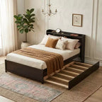 VECELO Twin Platform Bed with Trundle & Storage Headboard, Wood Slat Support Bed Frame for Small Spaces