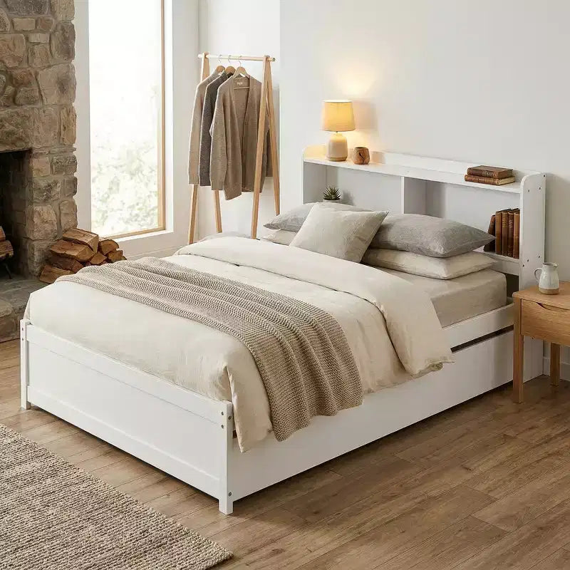 VECELO Twin Platform Bed with Trundle & Storage Headboard, Wood Slat Support Bed Frame for Small Spaces