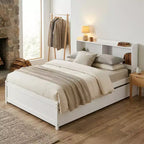 VECELO Twin Platform Bed with Trundle & Storage Headboard, Wood Slat Support Bed Frame for Small Spaces