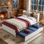 VECELO Twin Platform Bed with Trundle & Storage Headboard, Wood Slat Support Bed Frame for Small Spaces