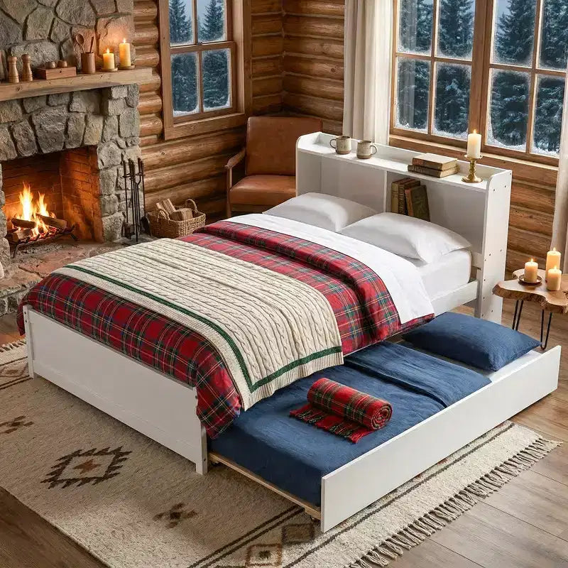 VECELO Twin Platform Bed with Trundle & Storage Headboard, Wood Slat Support Bed Frame for Small Spaces