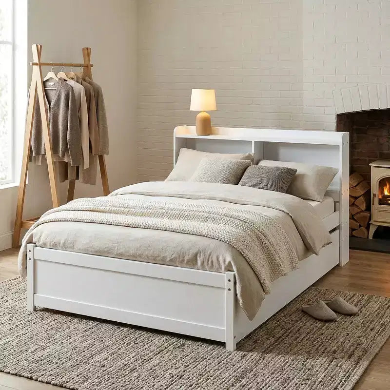 VECELO Twin Platform Bed with Trundle & Storage Headboard, Wood Slat Support Bed Frame for Small Spaces
