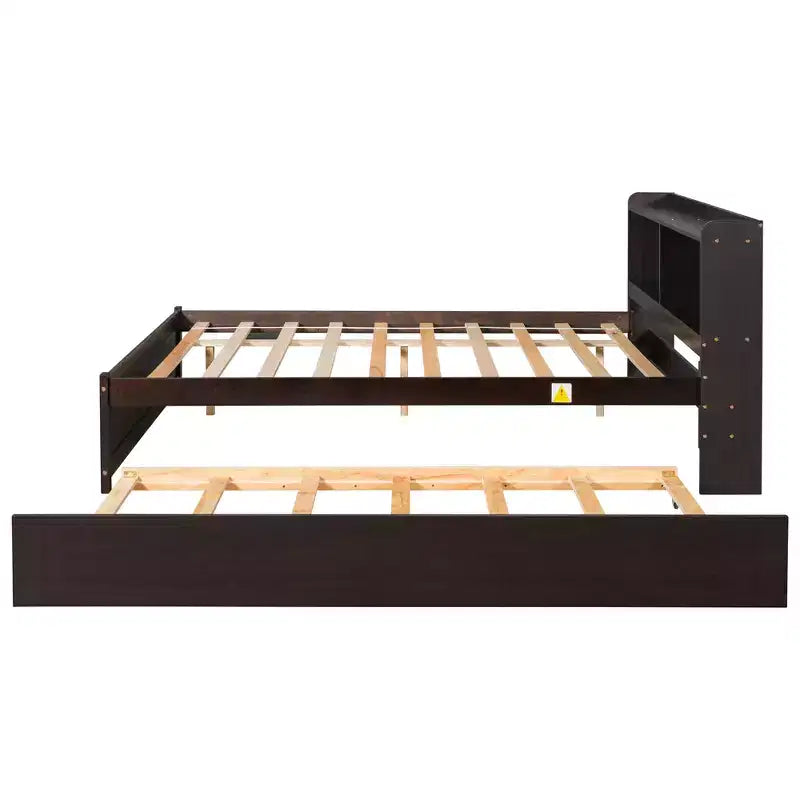 VECELO Twin Platform Bed with Trundle & Storage Headboard, Wood Slat Support Bed Frame for Small Spaces
