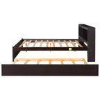 VECELO Twin Platform Bed with Trundle & Storage Headboard, Wood Slat Support Bed Frame for Small Spaces