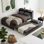 VECELO Twin Platform Bed with Trundle & Storage Headboard, Wood Slat Support Bed Frame for Small Spaces