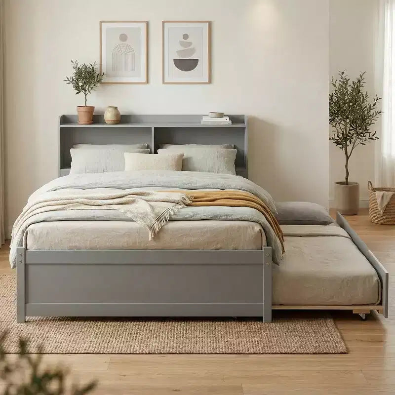 VECELO Twin Platform Bed with Trundle & Storage Headboard, Wood Slat Support Bed Frame for Small Spaces
