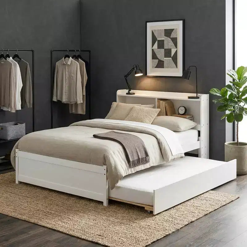 VECELO Twin Platform Bed with Trundle & Storage Headboard, Wood Slat Support Bed Frame for Small Spaces