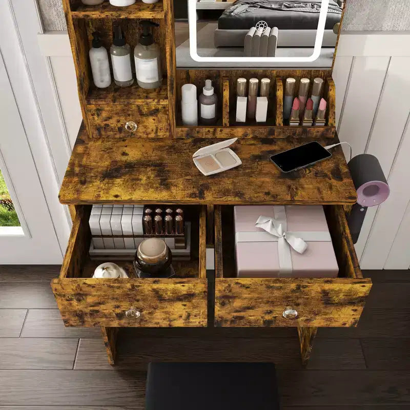 Makeup Vanity Desk Vanity Table Dressing Table with Stool, 3 Color Mode Lighted Mirror, Hair Dryer Holder, Power Outlet & Storage Drawers -ModernLuxe