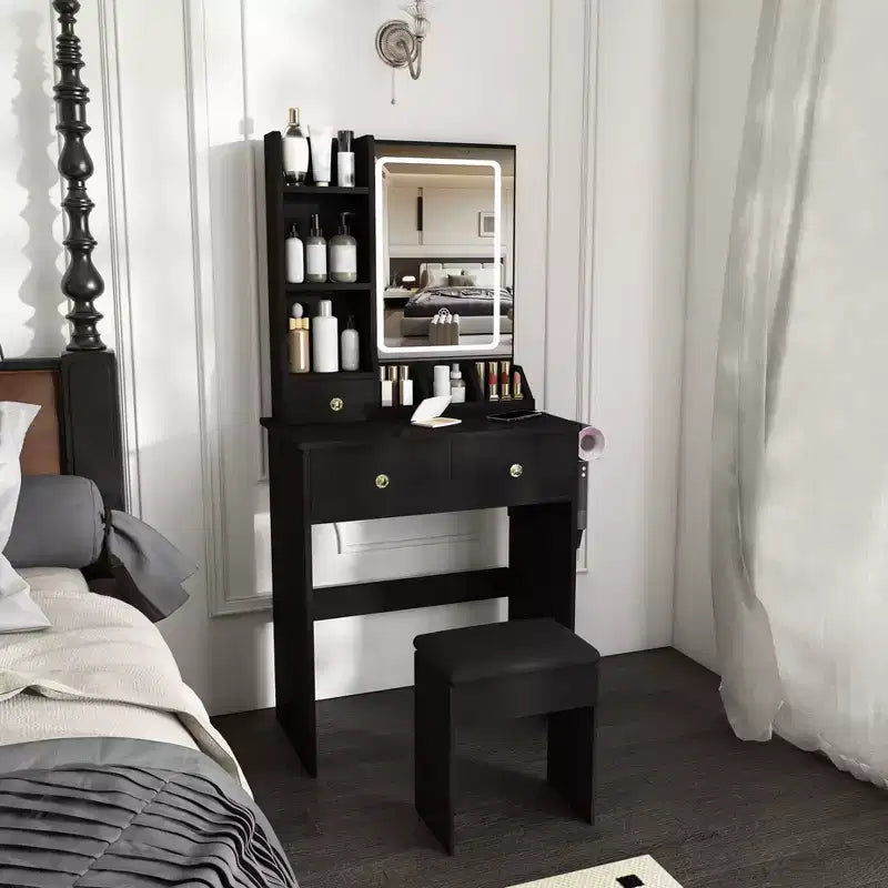 Makeup Vanity Desk Vanity Table Dressing Table with Stool, 3 Color Mode Lighted Mirror, Hair Dryer Holder, Power Outlet & Storage Drawers -ModernLuxe