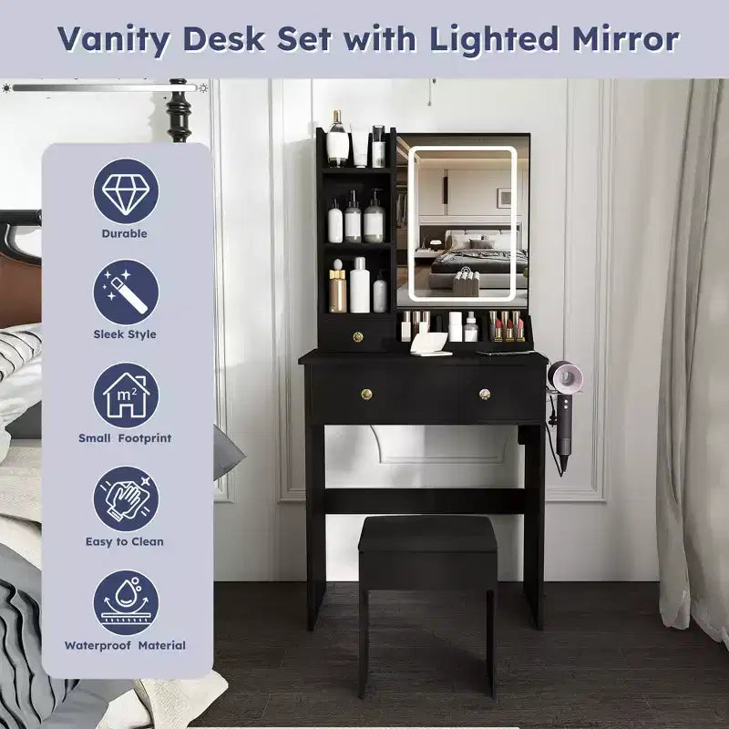 Makeup Vanity Desk Vanity Table Dressing Table with Stool, 3 Color Mode Lighted Mirror, Hair Dryer Holder, Power Outlet & Storage Drawers -ModernLuxe