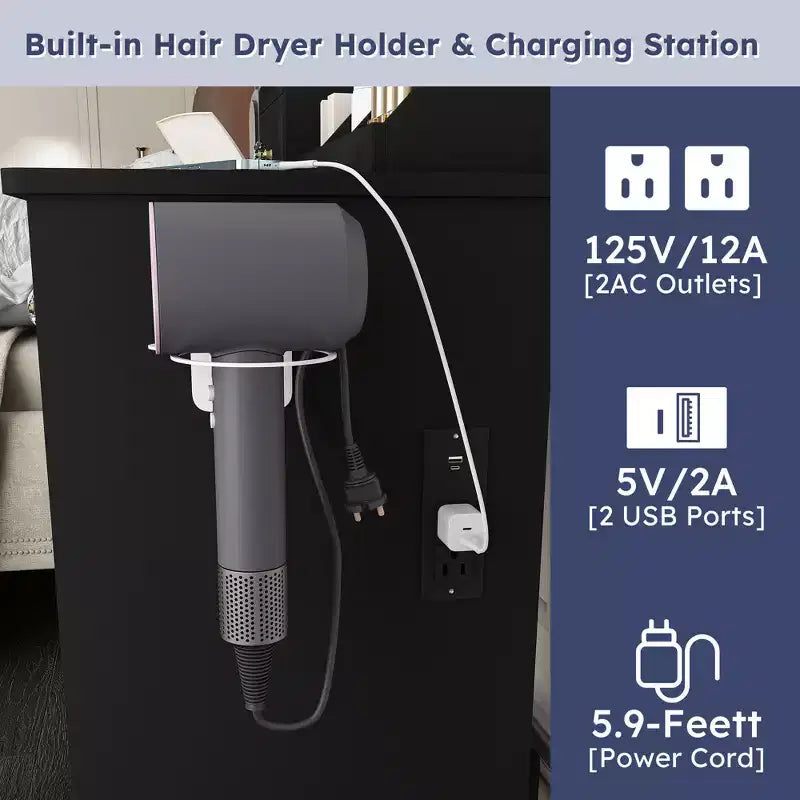 Makeup Vanity Desk Vanity Table Dressing Table with Stool, 3 Color Mode Lighted Mirror, Hair Dryer Holder, Power Outlet & Storage Drawers -ModernLuxe
