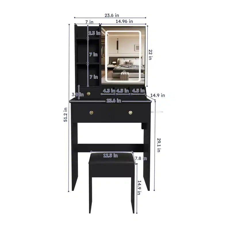 Makeup Vanity Desk Vanity Table Dressing Table with Stool, 3 Color Mode Lighted Mirror, Hair Dryer Holder, Power Outlet & Storage Drawers -ModernLuxe