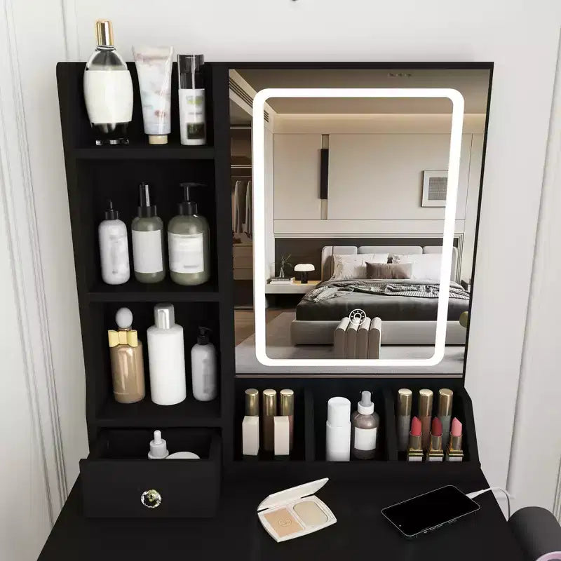 Makeup Vanity Desk Vanity Table Dressing Table with Stool, 3 Color Mode Lighted Mirror, Hair Dryer Holder, Power Outlet & Storage Drawers -ModernLuxe