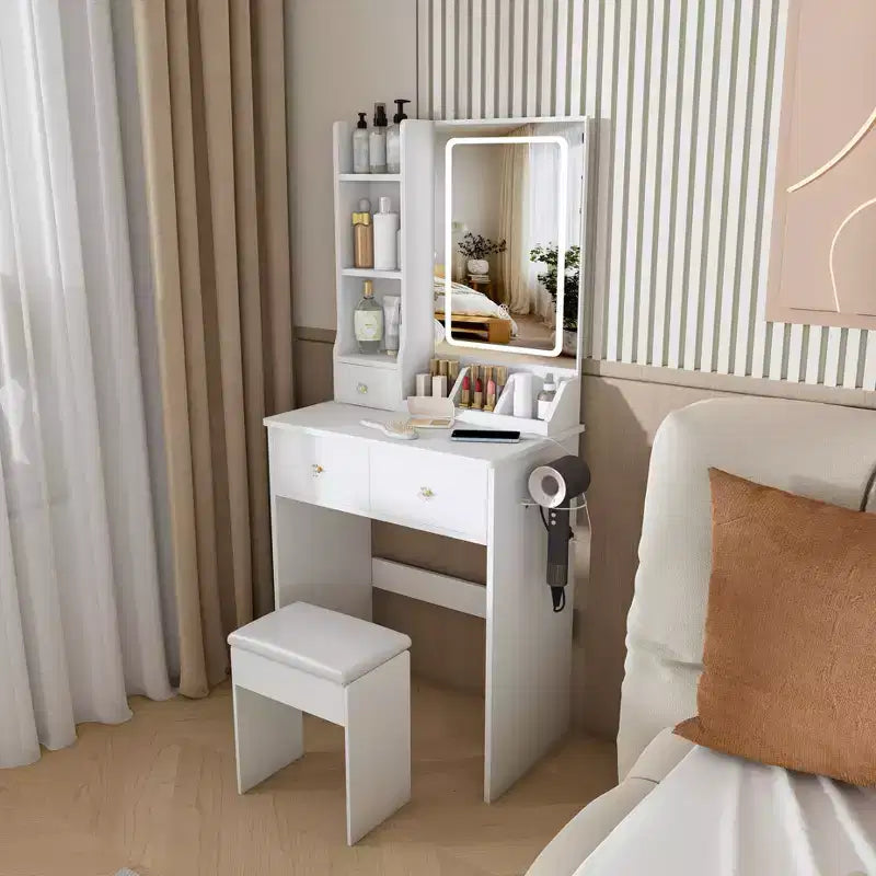 Makeup Vanity Desk Vanity Table Dressing Table with Stool, 3 Color Mode Lighted Mirror, Hair Dryer Holder, Power Outlet & Storage Drawers -ModernLuxe