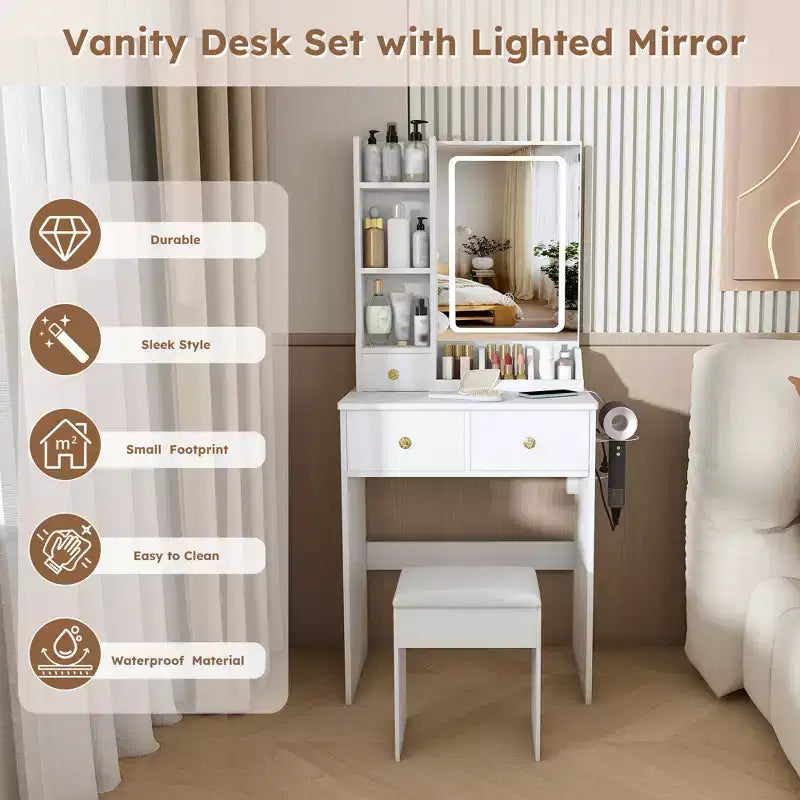 Makeup Vanity Desk Vanity Table Dressing Table with Stool, 3 Color Mode Lighted Mirror, Hair Dryer Holder, Power Outlet & Storage Drawers -ModernLuxe