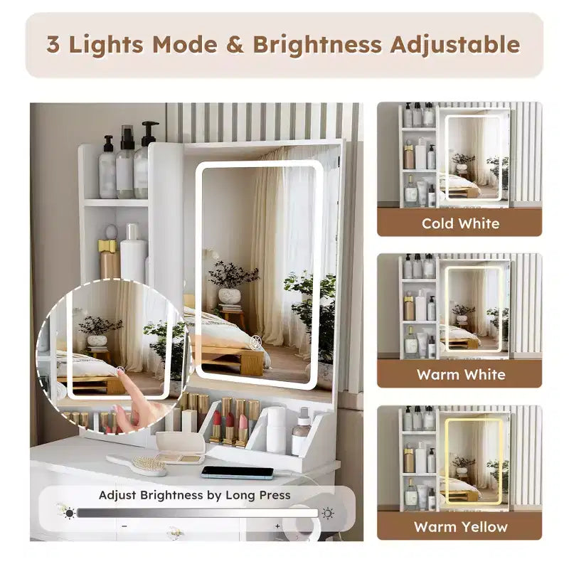 Makeup Vanity Desk Vanity Table Dressing Table with Stool, 3 Color Mode Lighted Mirror, Hair Dryer Holder, Power Outlet & Storage Drawers -ModernLuxe