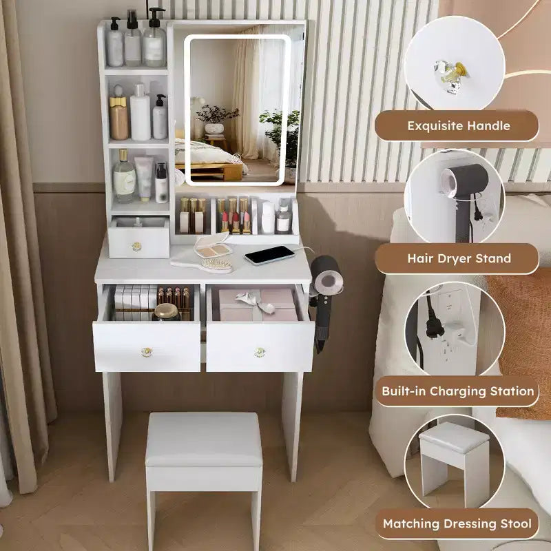 Makeup Vanity Desk Vanity Table Dressing Table with Stool, 3 Color Mode Lighted Mirror, Hair Dryer Holder, Power Outlet & Storage Drawers -ModernLuxe