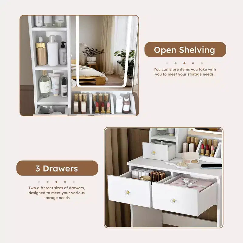 Makeup Vanity Desk Vanity Table Dressing Table with Stool, 3 Color Mode Lighted Mirror, Hair Dryer Holder, Power Outlet & Storage Drawers -ModernLuxe