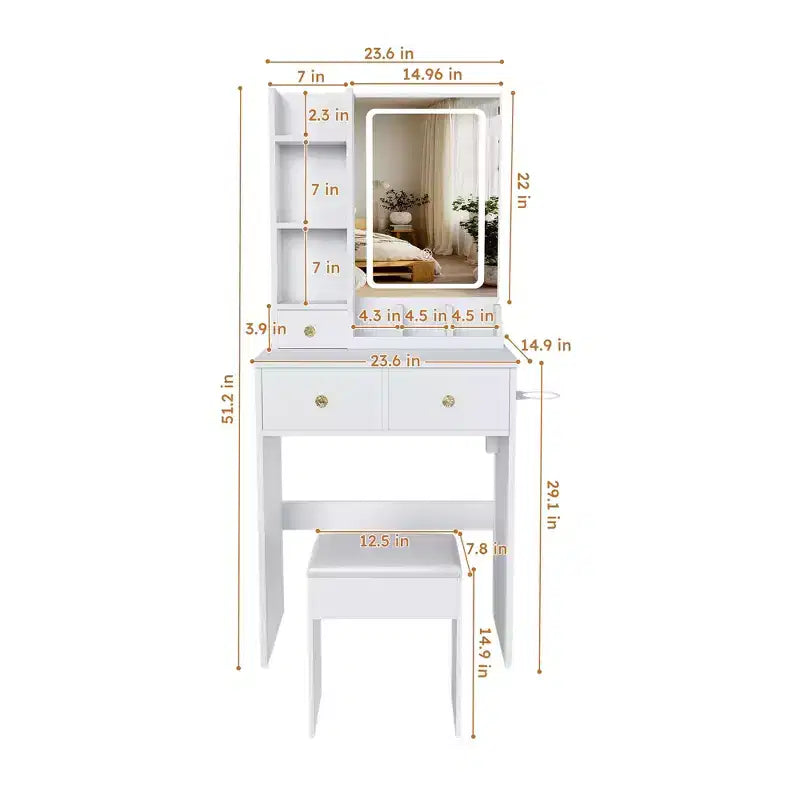 Makeup Vanity Desk Vanity Table Dressing Table with Stool, 3 Color Mode Lighted Mirror, Hair Dryer Holder, Power Outlet & Storage Drawers -ModernLuxe