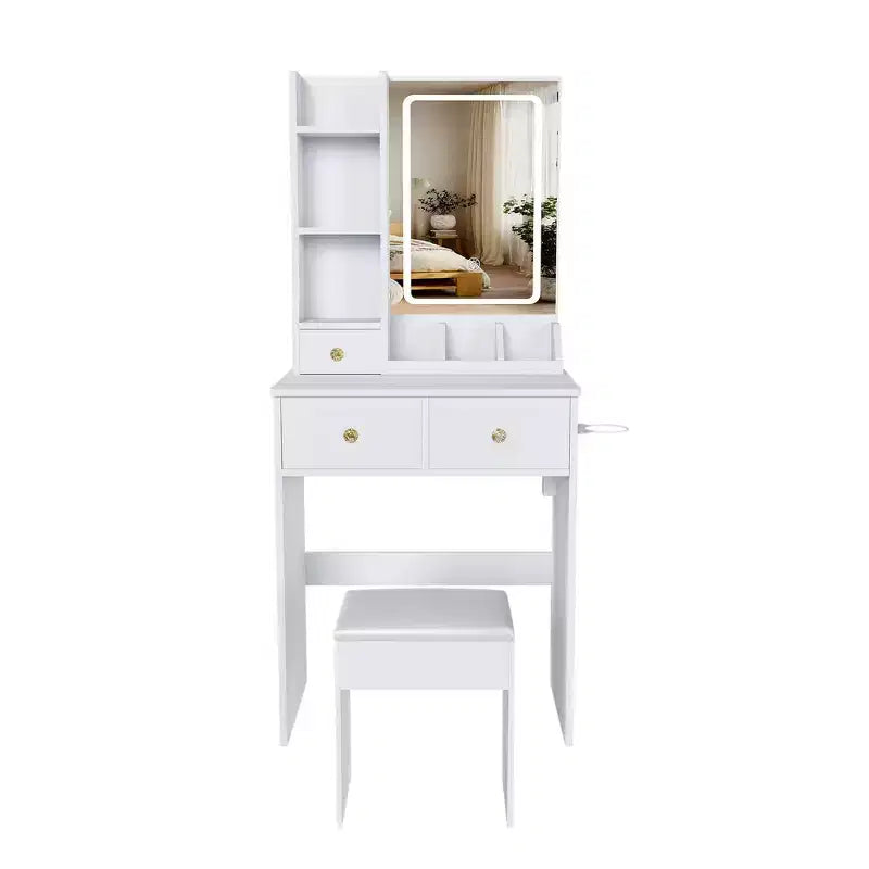 Makeup Vanity Desk Vanity Table Dressing Table with Stool, 3 Color Mode Lighted Mirror, Hair Dryer Holder, Power Outlet & Storage Drawers -ModernLuxe