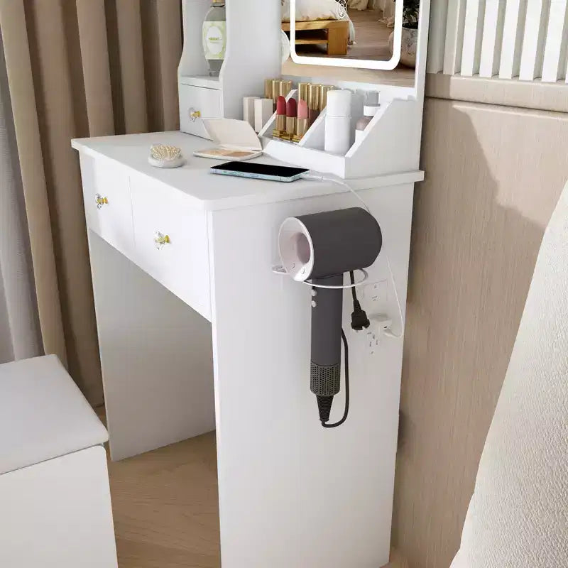 Makeup Vanity Desk Vanity Table Dressing Table with Stool, 3 Color Mode Lighted Mirror, Hair Dryer Holder, Power Outlet & Storage Drawers -ModernLuxe
