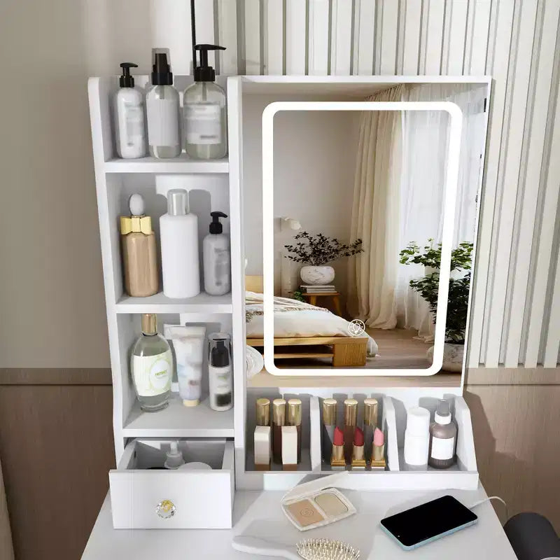 Makeup Vanity Desk Vanity Table Dressing Table with Stool, 3 Color Mode Lighted Mirror, Hair Dryer Holder, Power Outlet & Storage Drawers -ModernLuxe