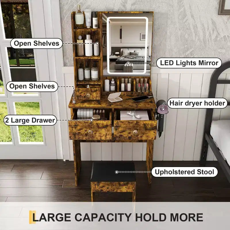 Makeup Vanity Desk Vanity Table Dressing Table with Stool, 3 Color Mode Lighted Mirror, Hair Dryer Holder, Power Outlet & Storage Drawers -ModernLuxe
