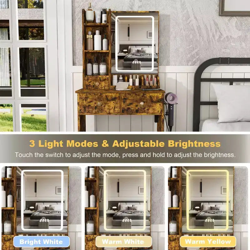 Makeup Vanity Desk Vanity Table Dressing Table with Stool, 3 Color Mode Lighted Mirror, Hair Dryer Holder, Power Outlet & Storage Drawers -ModernLuxe